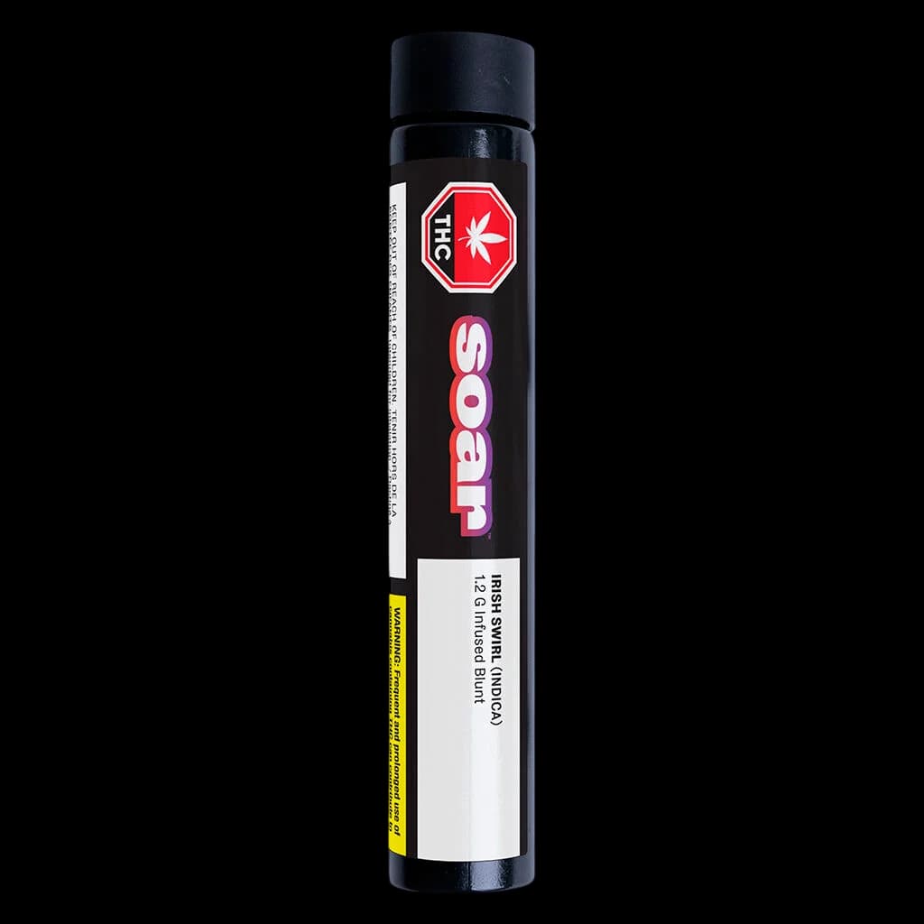Soar Irish Swirl Diamond Dipped Blunt Infused Pre-Roll, 12 count pack with red octagon THC logo on black tube