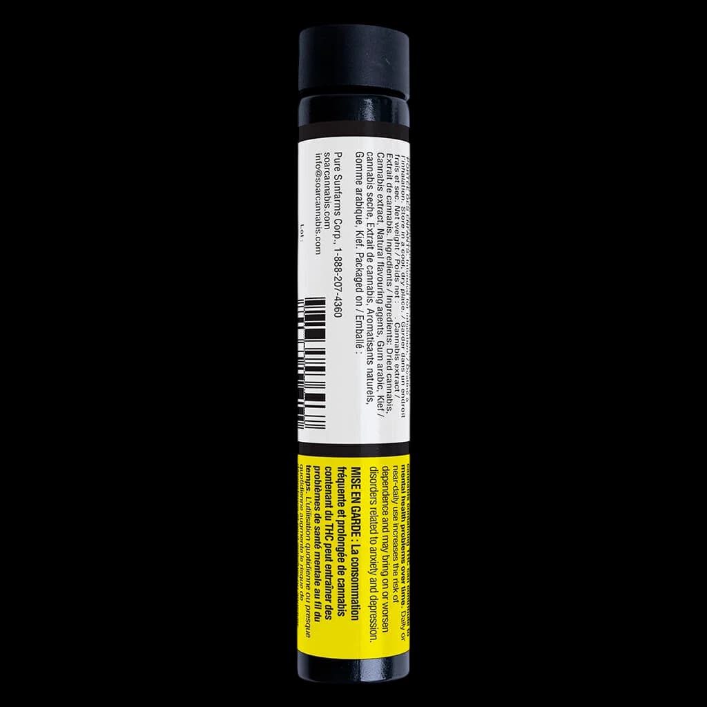 Soar Irish Swirl Diamond Dipped Blunt Infused pre-roll tube with black cap, white and yellow label showing product name and regulatory information