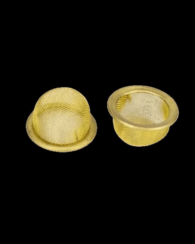 Acid Secs pair of preformed stainless steel bowl screens with rim, shown from top and side view