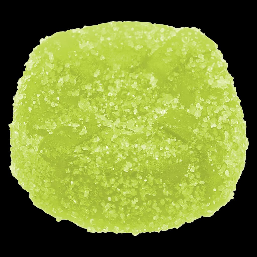 Gomme THC aigre Key Lime Cherry Revolt de No Future, bonbon mou saupoudré vert lime sur fond blanc