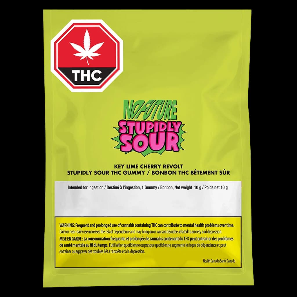 Emballage de 10 g de gomme THC No Future Stupidement Aigre Key Lime Cherry Revolt avec symbole d'avertissement THC rouge sur une pochette vert lime