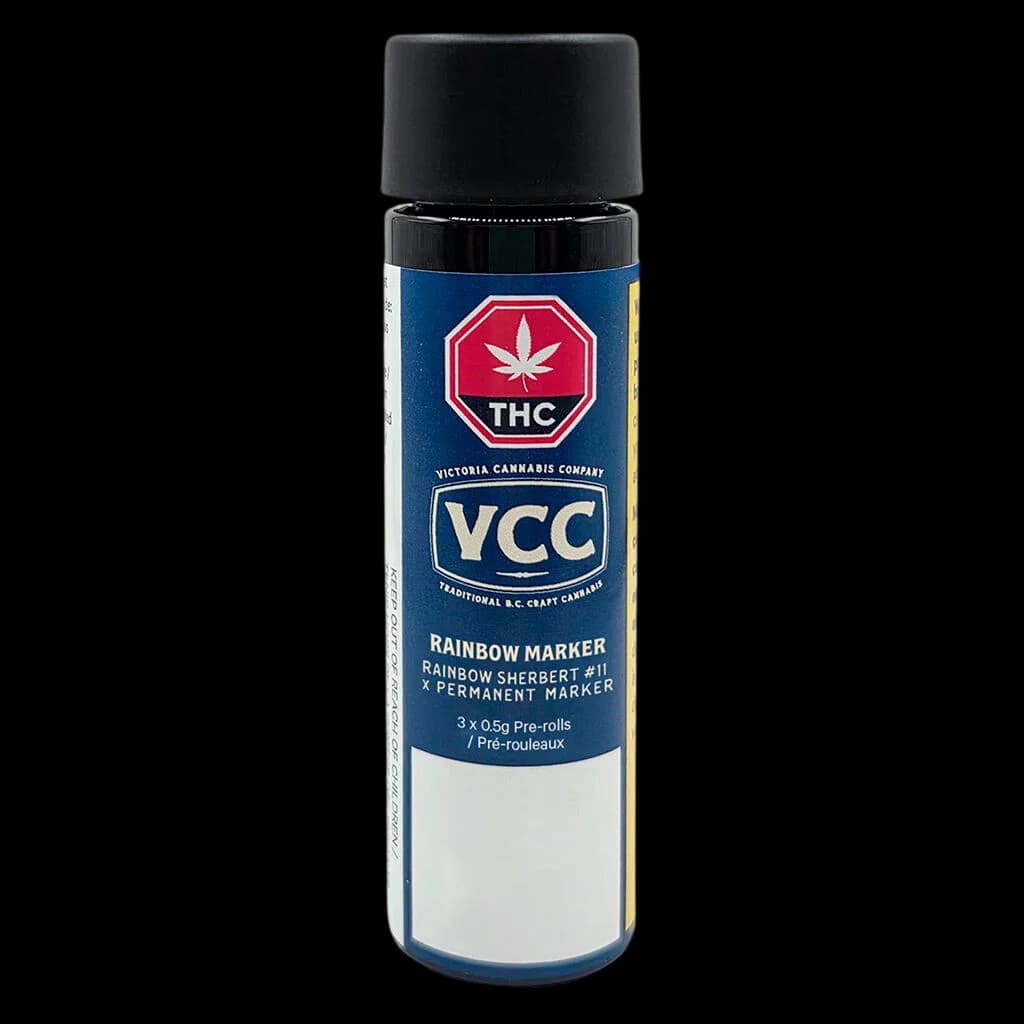 VCC Rainbow Marker hybrid pre-roll pack, 3 x 0.5g, with blue cap and navy packaging showing THC logo and strain details