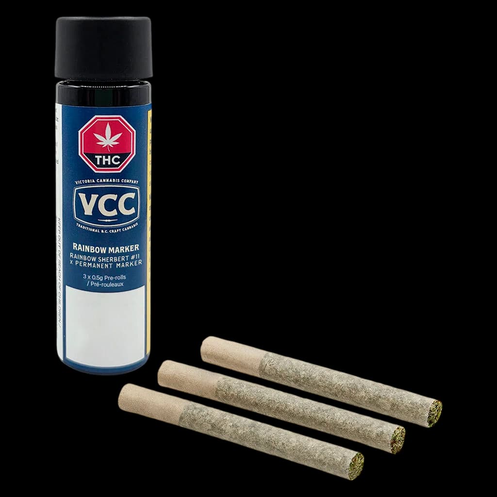 VCC Rainbow Marker pre-roll pack with 3 x 0.5g pre-rolls displayed beside sealed tube packaging