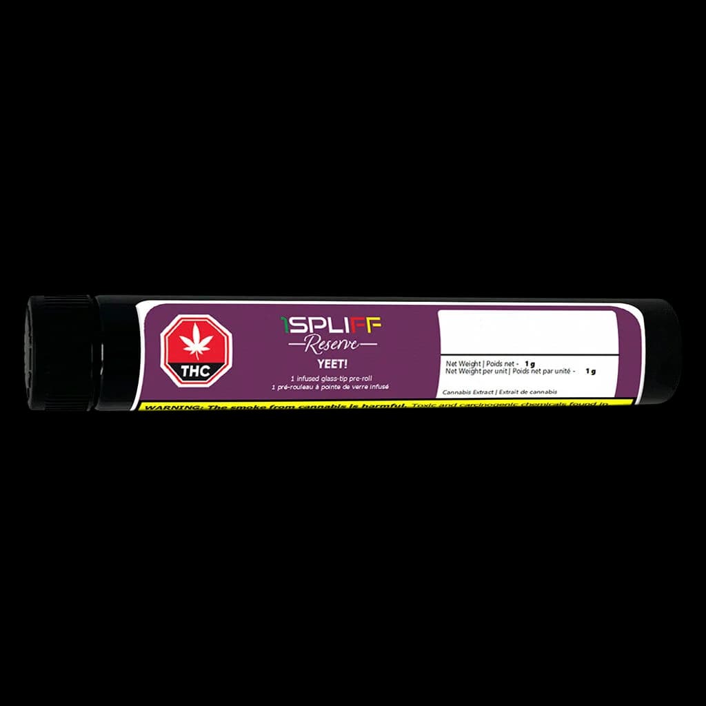 Spliff Reserve Yeti infused glass-tip pre-roll 1g, cannabis extract product in black tube with purple label
