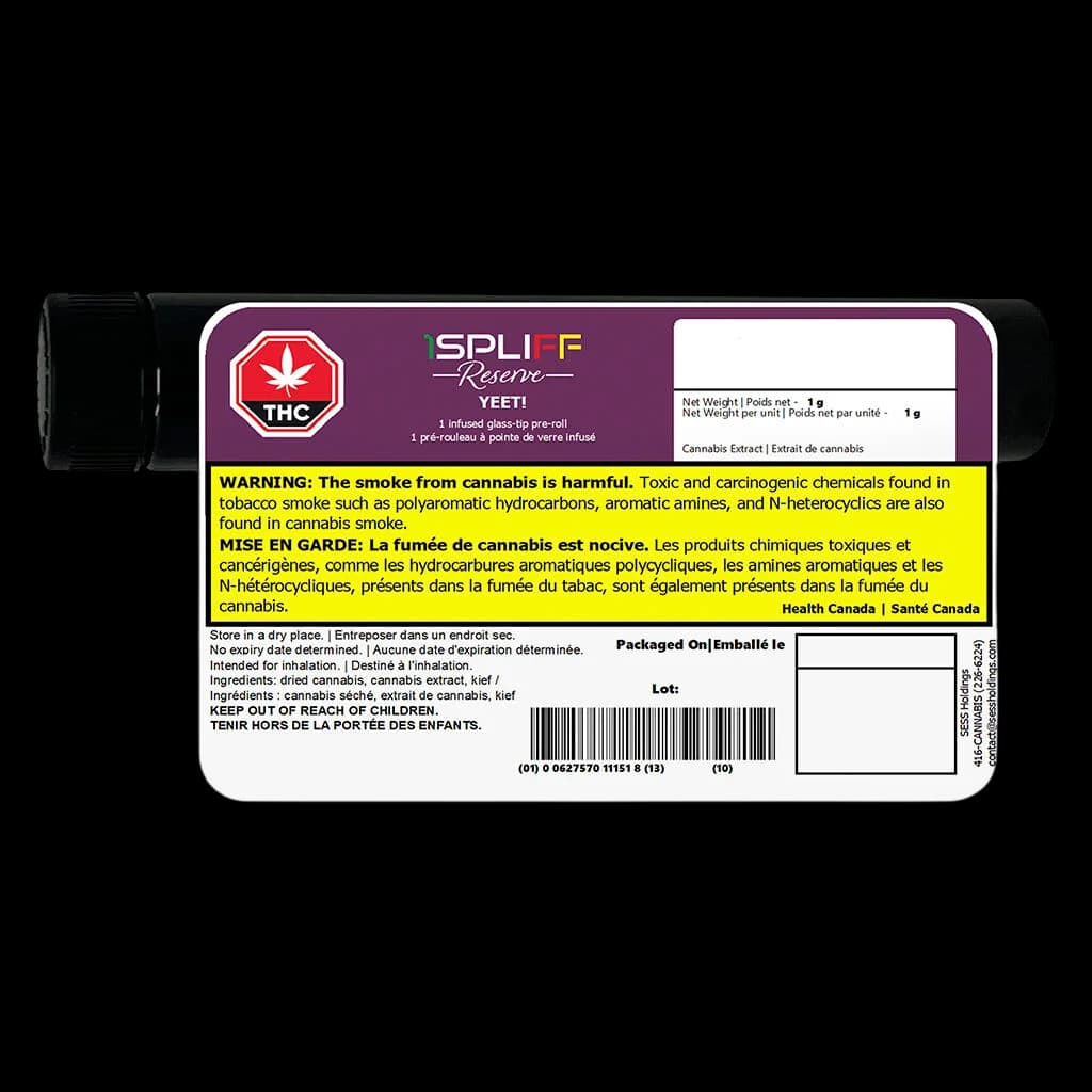 Spliff Reserve Yeti 1g infused glass-tip pre-roll package back, showing Health Canada warnings and ingredients