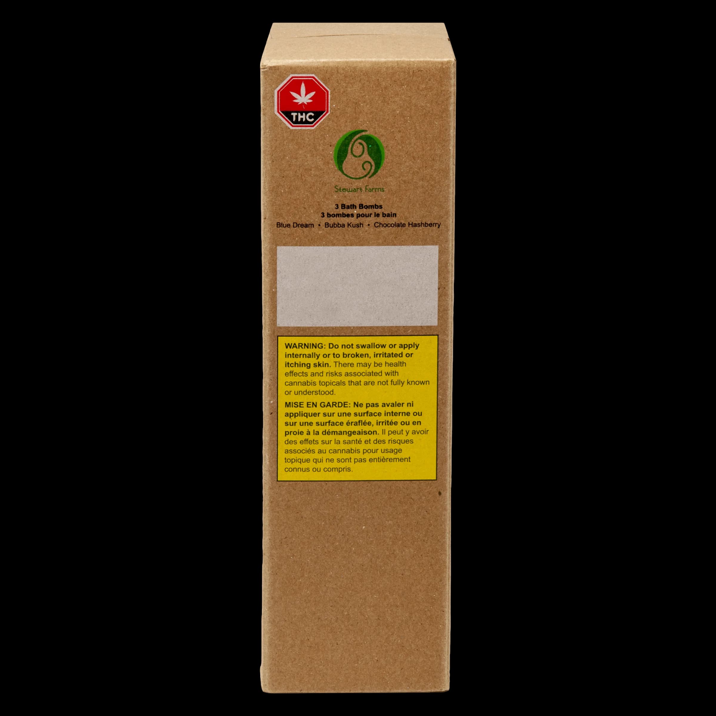 Stewart Farms 3 Bath Bomba box with THC warning symbol, featuring Blue Dream, Bubba Kush, and Chocolate Hashberry cannabis bath topicals
