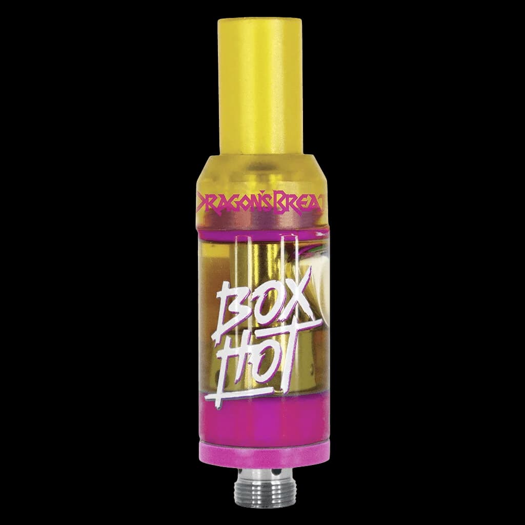 Cartouche de vapotage cannabis BOXHOT Dragon's Breath à filetage 510 avec capuchon jaune et bande magenta