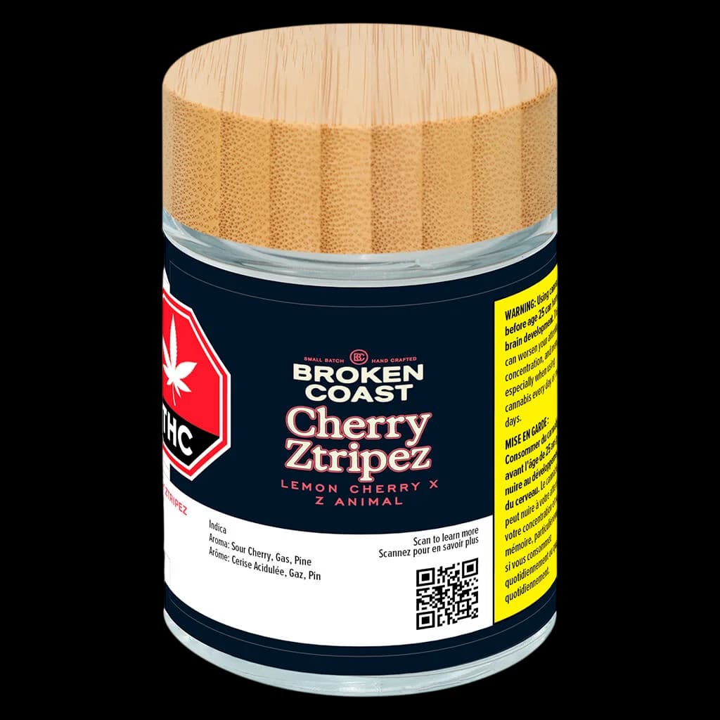 Fleur séchée Cherry Ztripez de Broken Coast en pot de verre avec couvercle en bois, souche Lemon Cherry x Z Animal