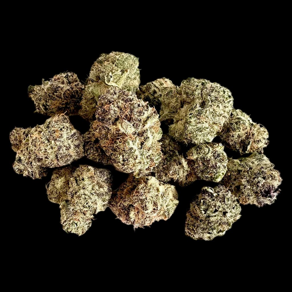 Wreckroom Gotcha by the Smalls premium cannabis dried flower buds with golden-green trichomes on white background