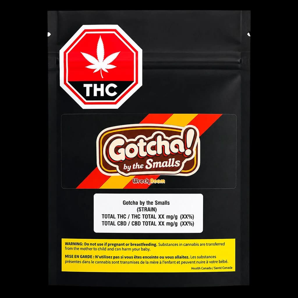 Gotcha by the Smalls dried flower cannabis pouch by Wreckroom, black packaging with red THC warning symbol and yellow Health Canada warning label