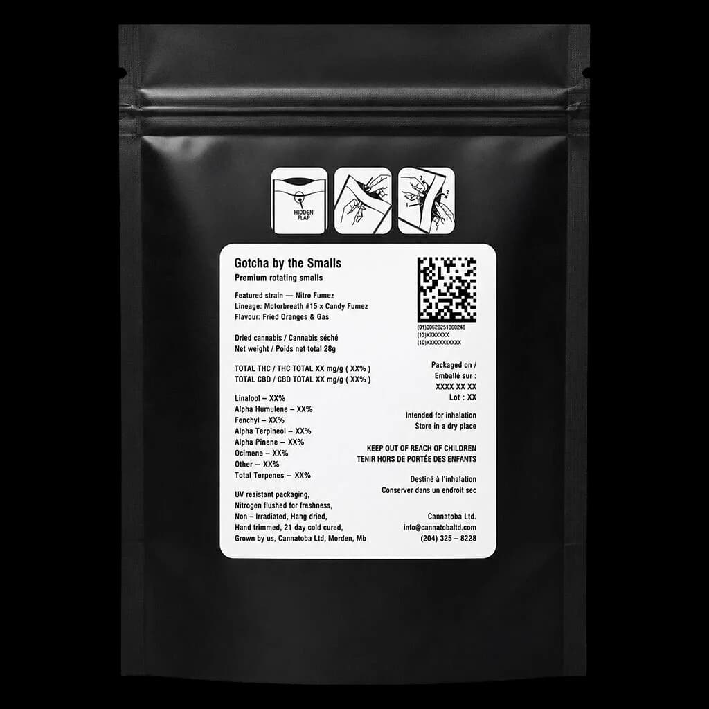 Gotcha by the Smalls 28g dried cannabis pouch by Wreckroom featuring Nitro Fumez strain, black packaging with white label and usage instructions