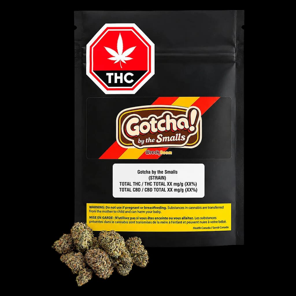 Gotcha by the Smalls dried flower cannabis buds displayed beside black pouch with THC warning symbol and product branding