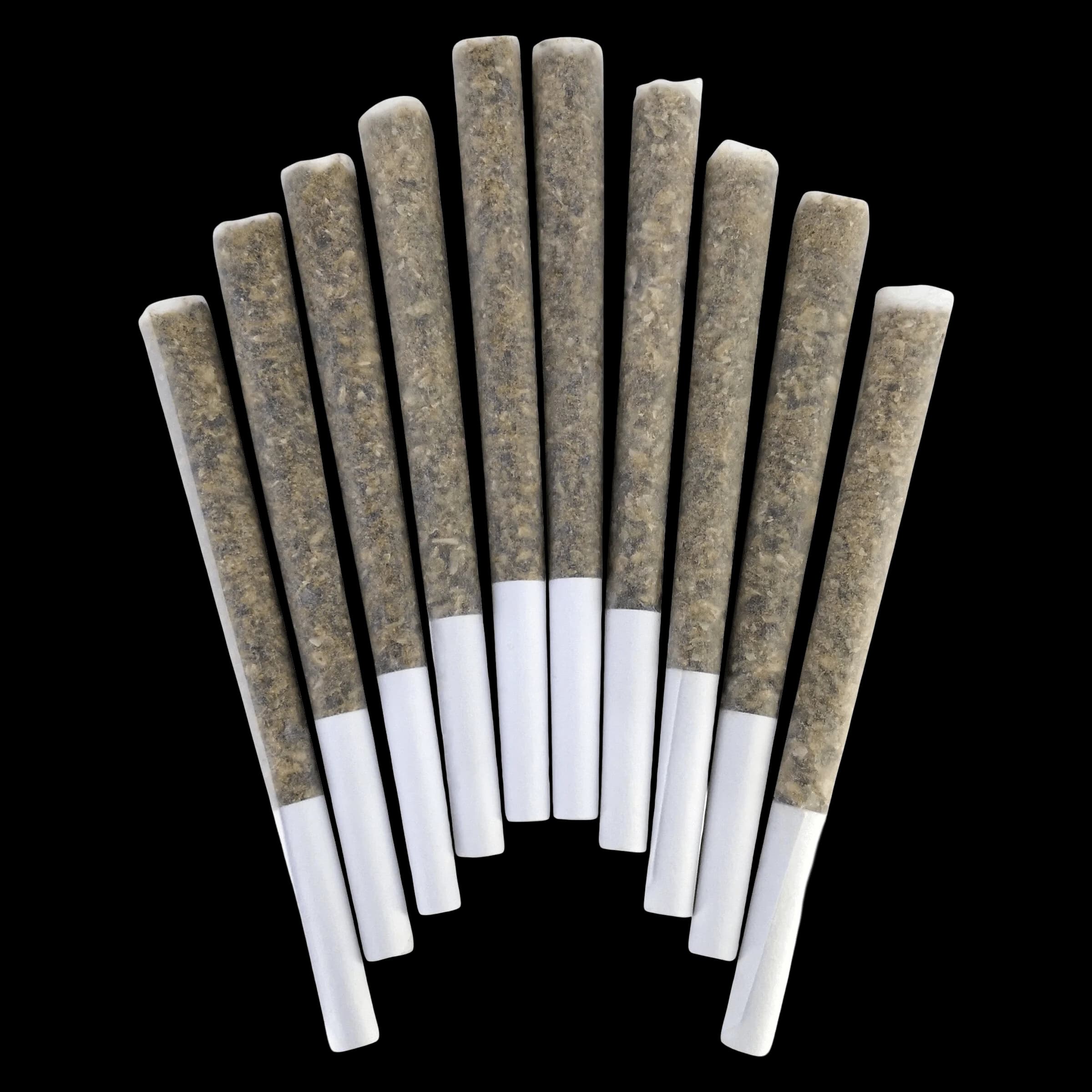Ten BC Doobies TootZ Pop pre-rolls arranged in a fan pattern, showing cannabis-filled papers with white filter tips