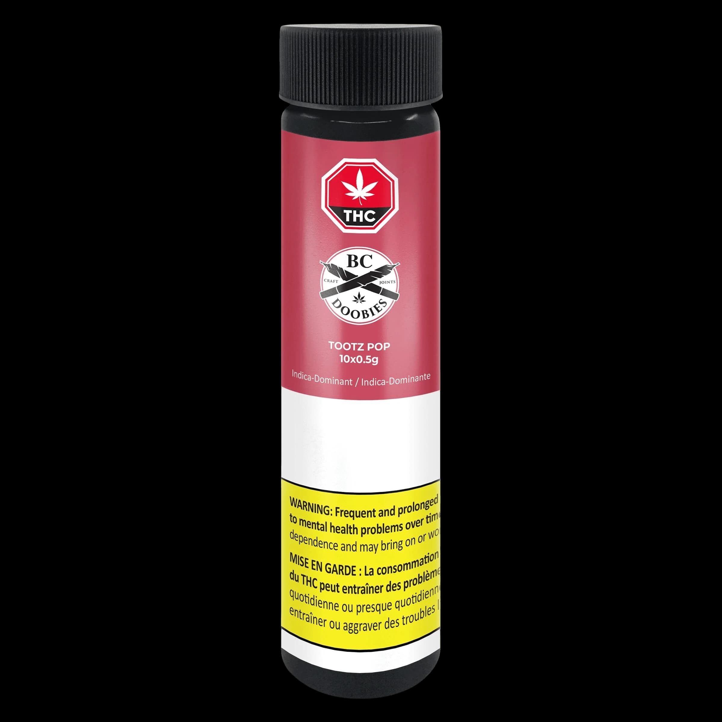 BC Doobies Tootz Pop pre-roll pack, 10x0.5g, indica-dominant cannabis pre-rolls with red packaging and Health Canada warning label