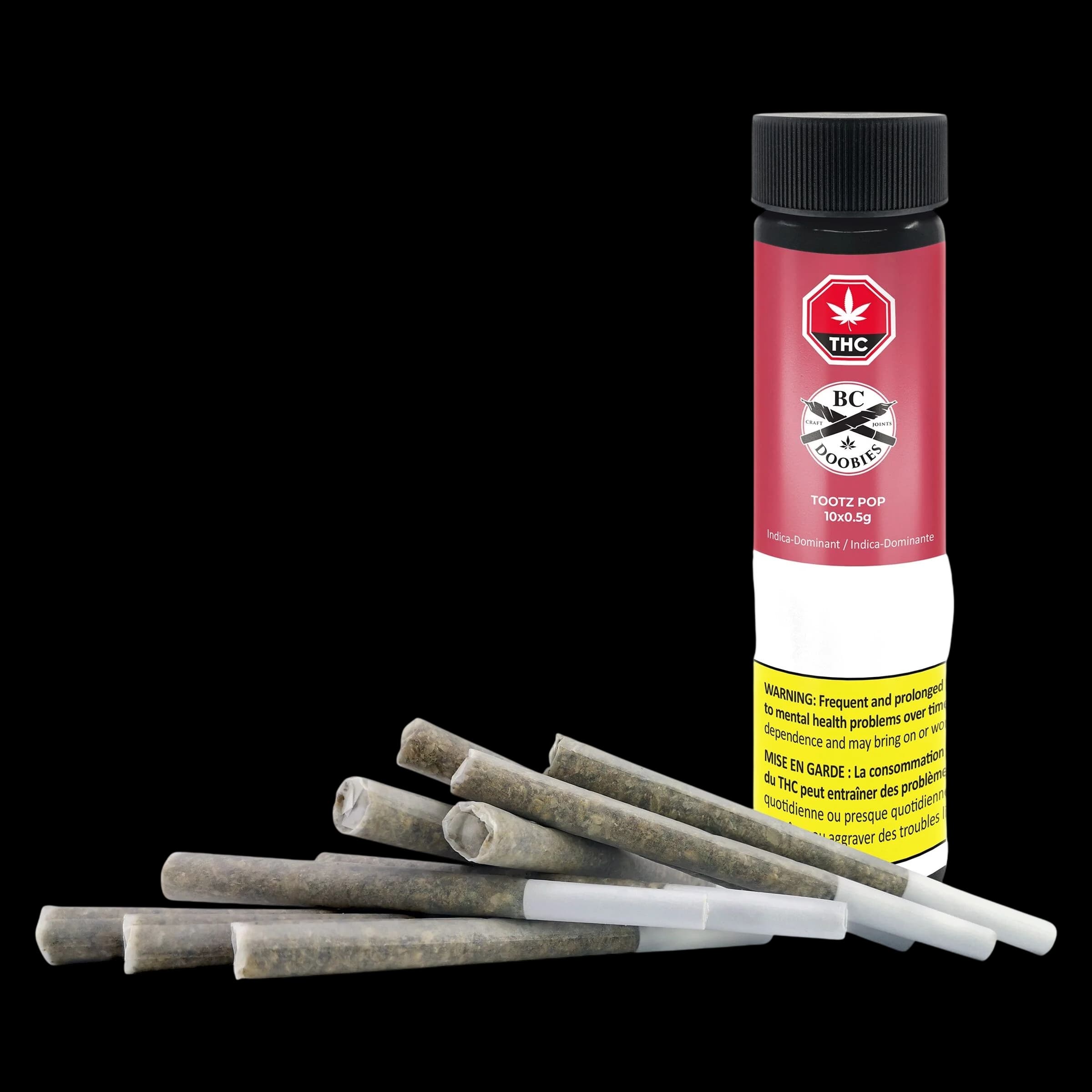 BC Doobies Tootz Pop pre-roll pack with 10 x 0.5g joints and pink packaging with THC warning symbol