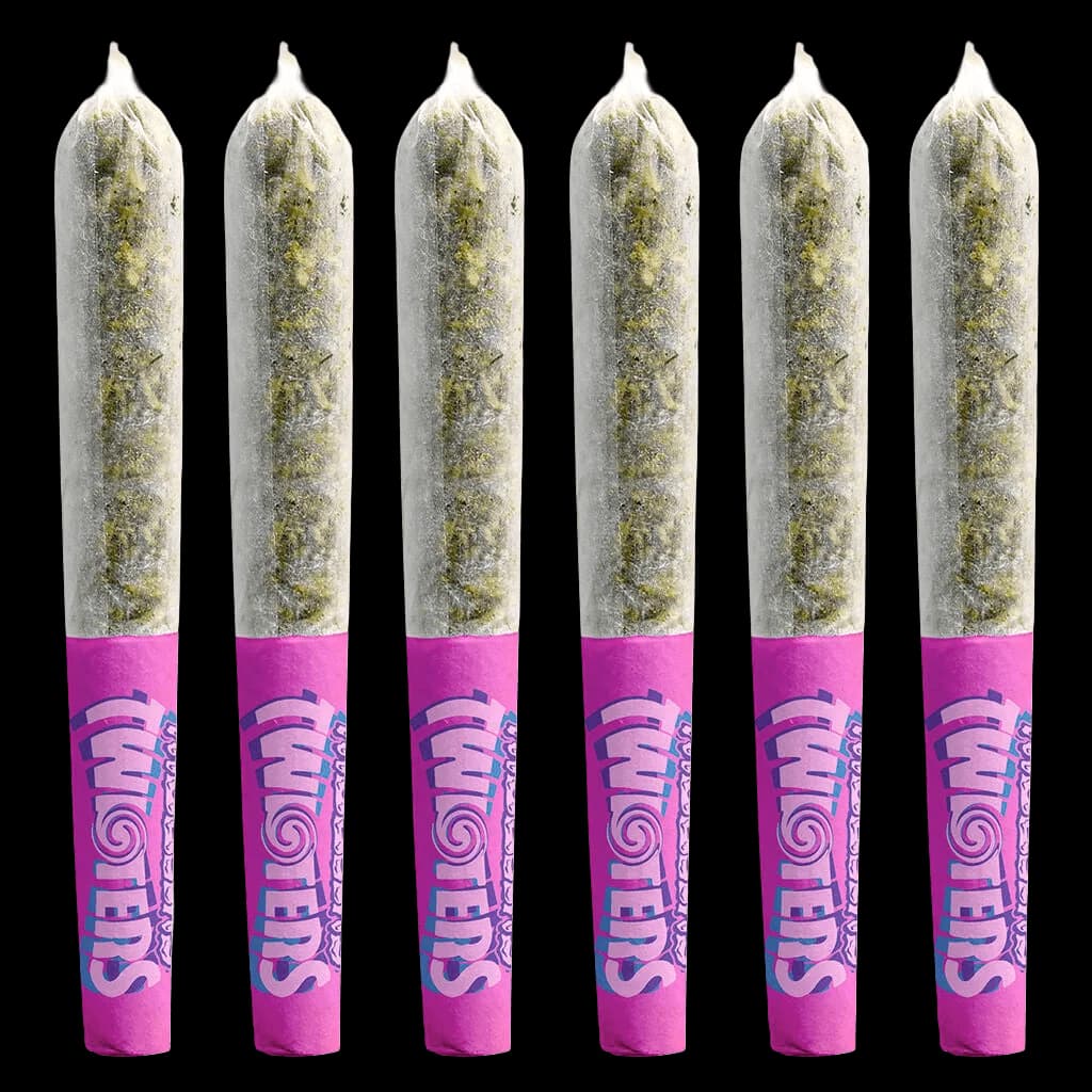 Rizzlers Pink Pineapple Twisters infused pre-roll pack of six, featuring magenta paper with purple spiral branding and cannabis flower visible