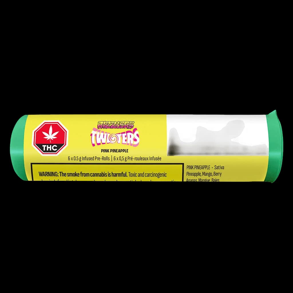 Rizzlers Twisters Pink Pineapple infused pre-rolls, 6 x 0.5g, yellow and green tube packaging with THC symbol and Health Canada warning label