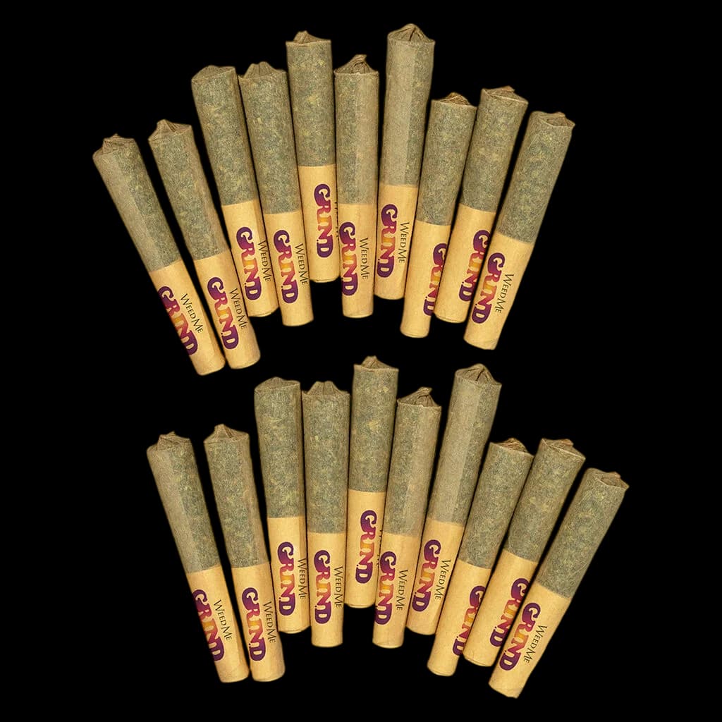Weed Me Grind Sativa 420 pre-roll pack displaying 20 cannabis pre-rolls with natural paper wrapping and purple branding
