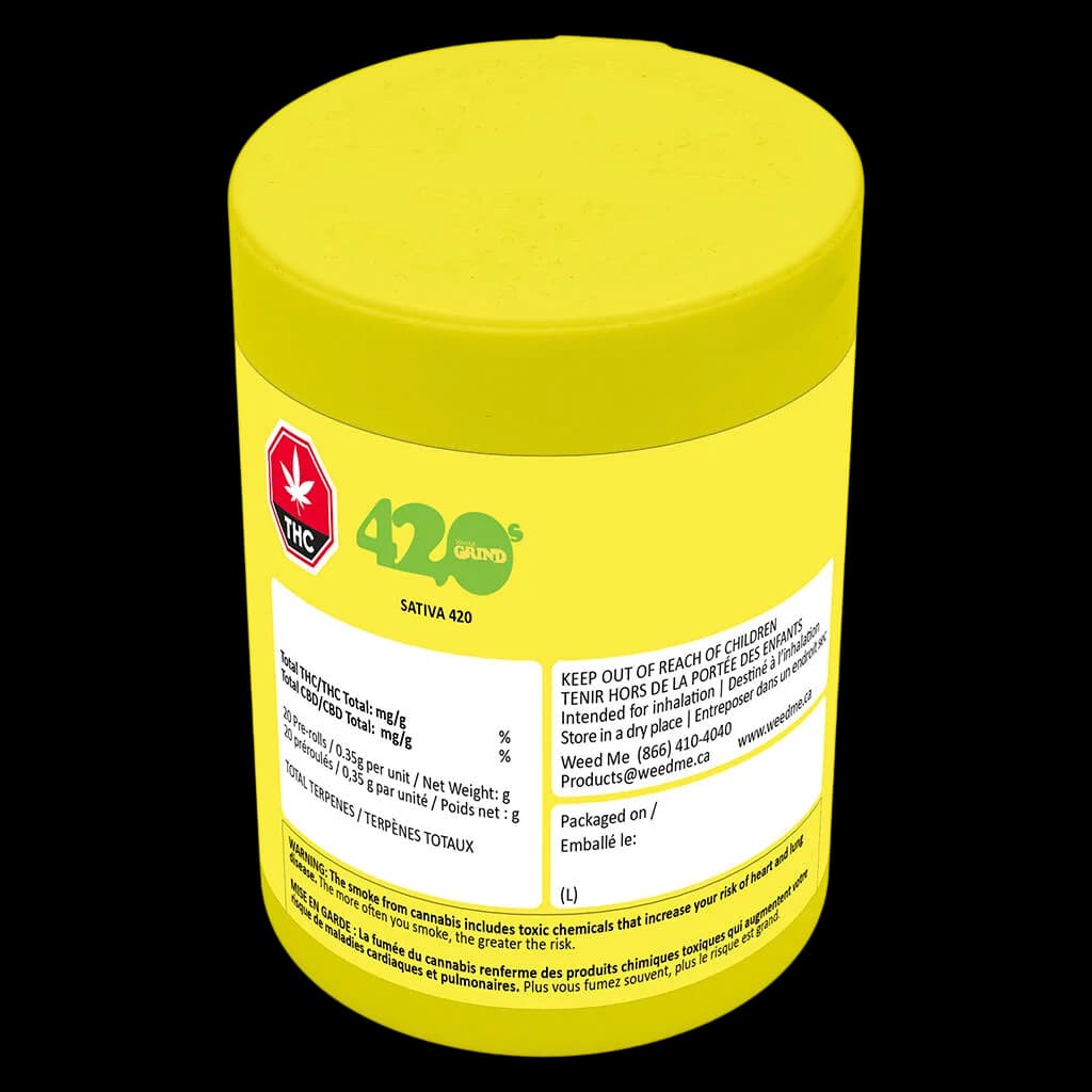 Weed Me 420 Grind Sativa pre-roll jar with yellow packaging, THC symbol, and Health Canada warnings visible