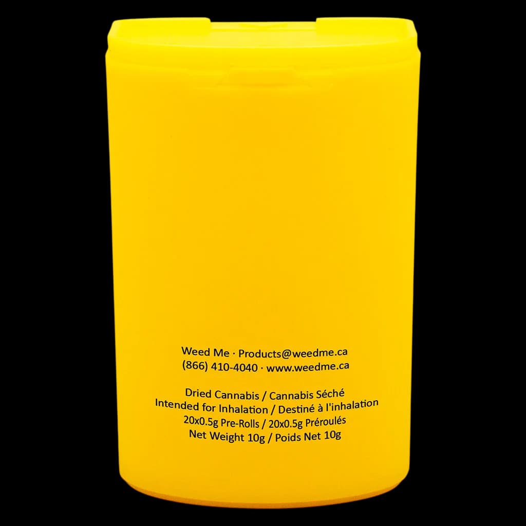 Weed Me 20x0.5g pre-rolls pack, 10g total net weight, yellow cylindrical container