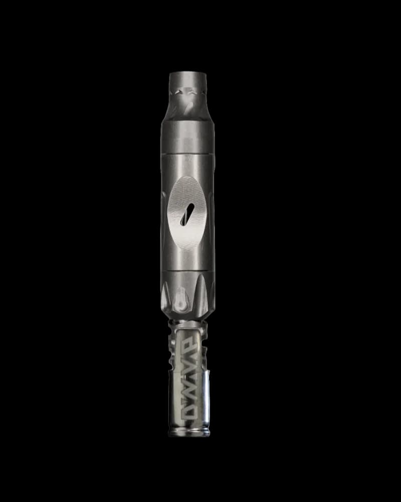 Dynavap Vong (i) desktop vaporizer with stainless steel cap and mouthpiece, assembled on white background
