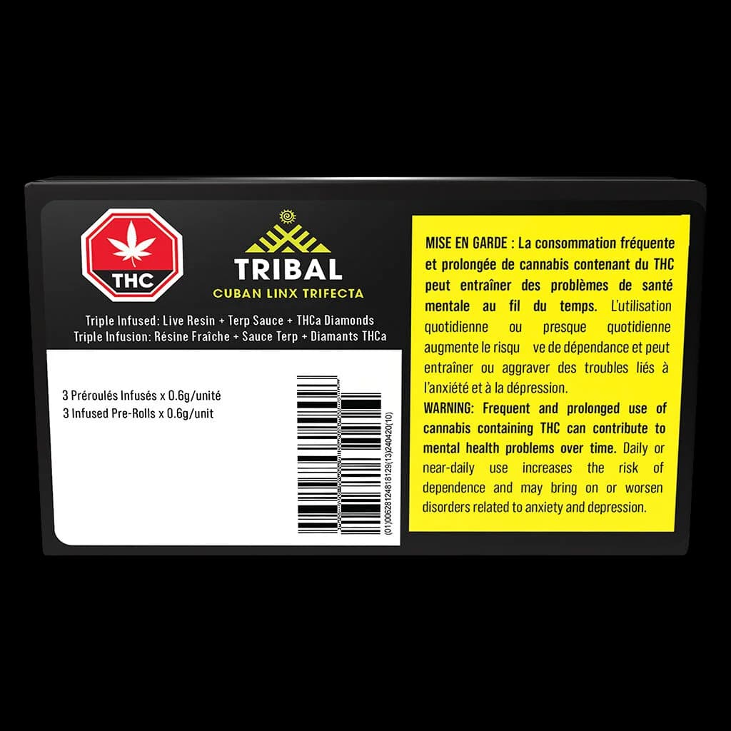 Paquet de pré-roulés infusés Tribal Cuban Linx Trifecta, 3 pré-roulés de 0,6 g avec résine live, sauce terpène et diamants de THC