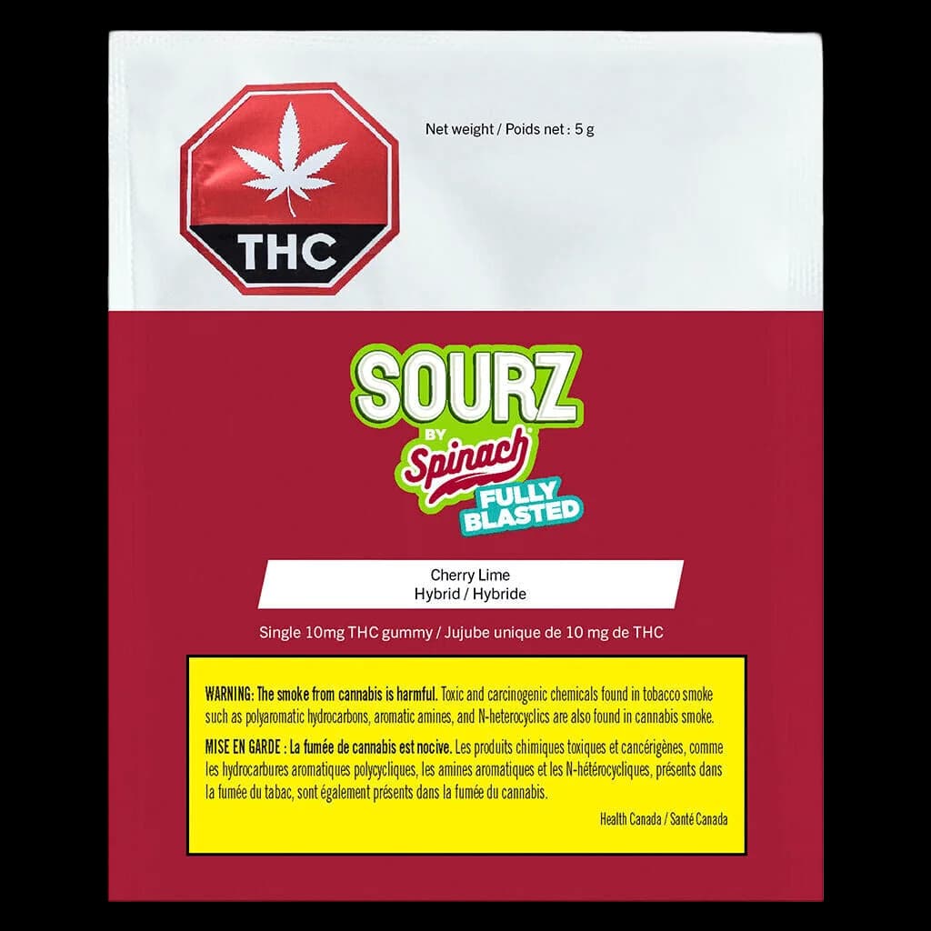 Sourz by Spinach Cherry Lime hybrid cannabis gummy, single 10mg THC, 5g package front with Health Canada warning label