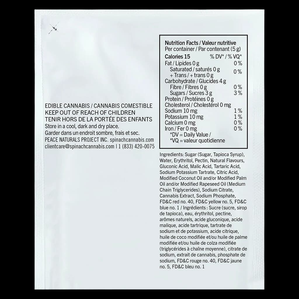Spinach Sourz Cherry Lime cannabis gummies nutrition facts and ingredients label showing 15 calories per 5g serving and cannabis extract