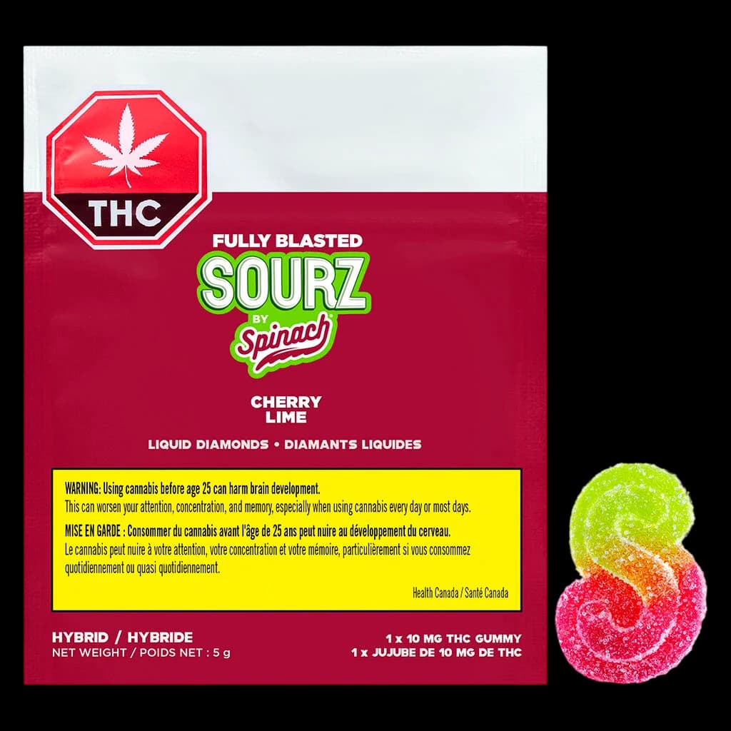 Fully Blasted Sourz by Spinach Cherry Lime cannabis gummy, 10mg THC, with sour-coated candy beside packaging