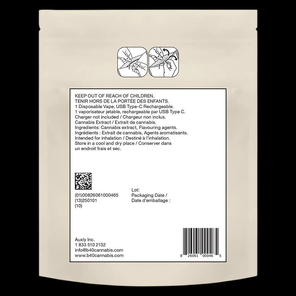 Back Forty Iced Grape disposable vape cartridge packaging rear, showing child safety warning, ingredients, and regulatory information