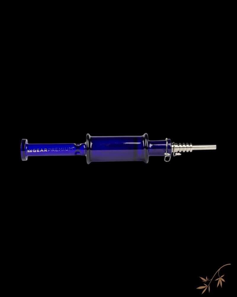 Gear Premium blue glass dab rig with showerhead perc and nail, 7.5 inches tall