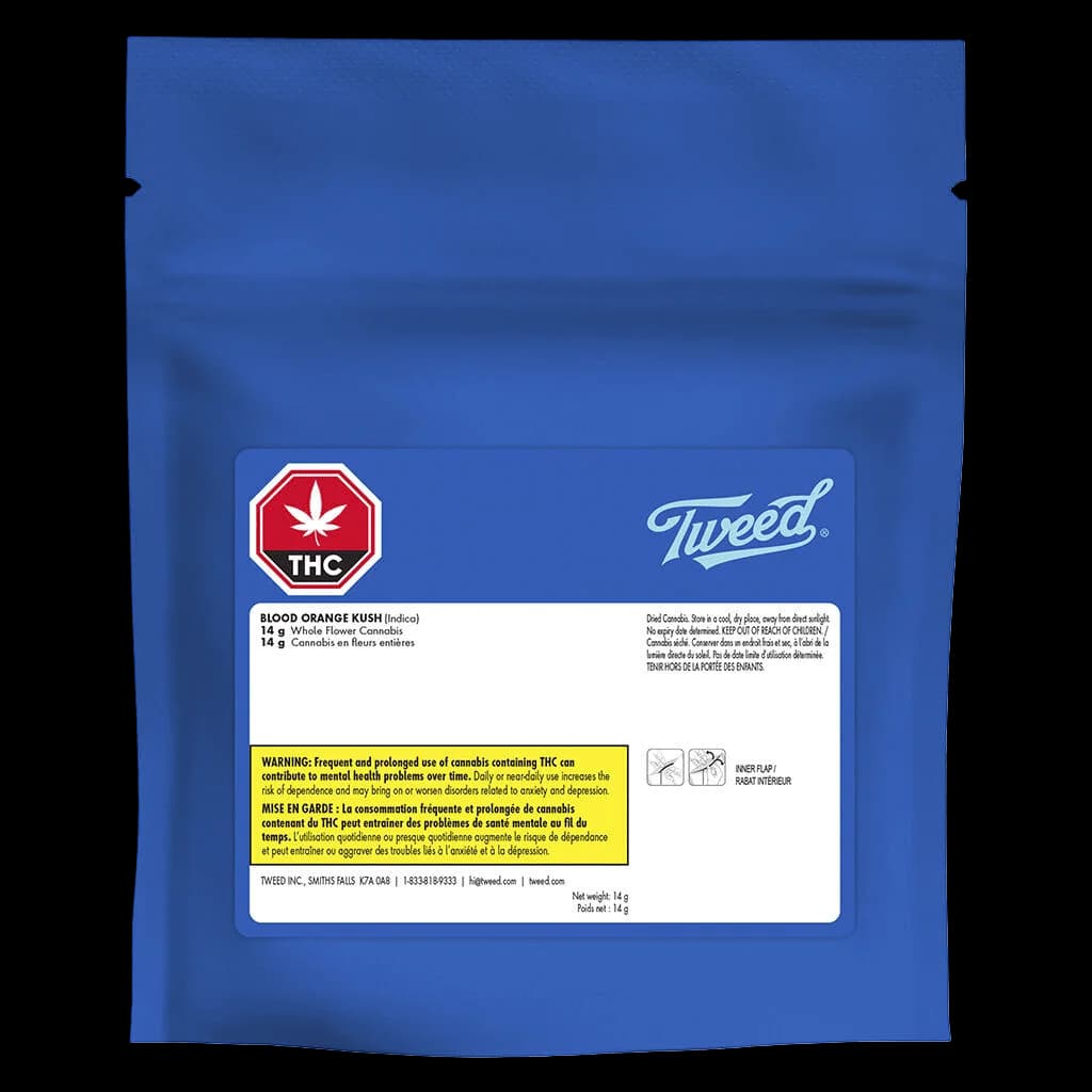 Tweed Blood Orange Kush 14g dried cannabis flower pouch with red THC symbol and yellow Health Canada warning label