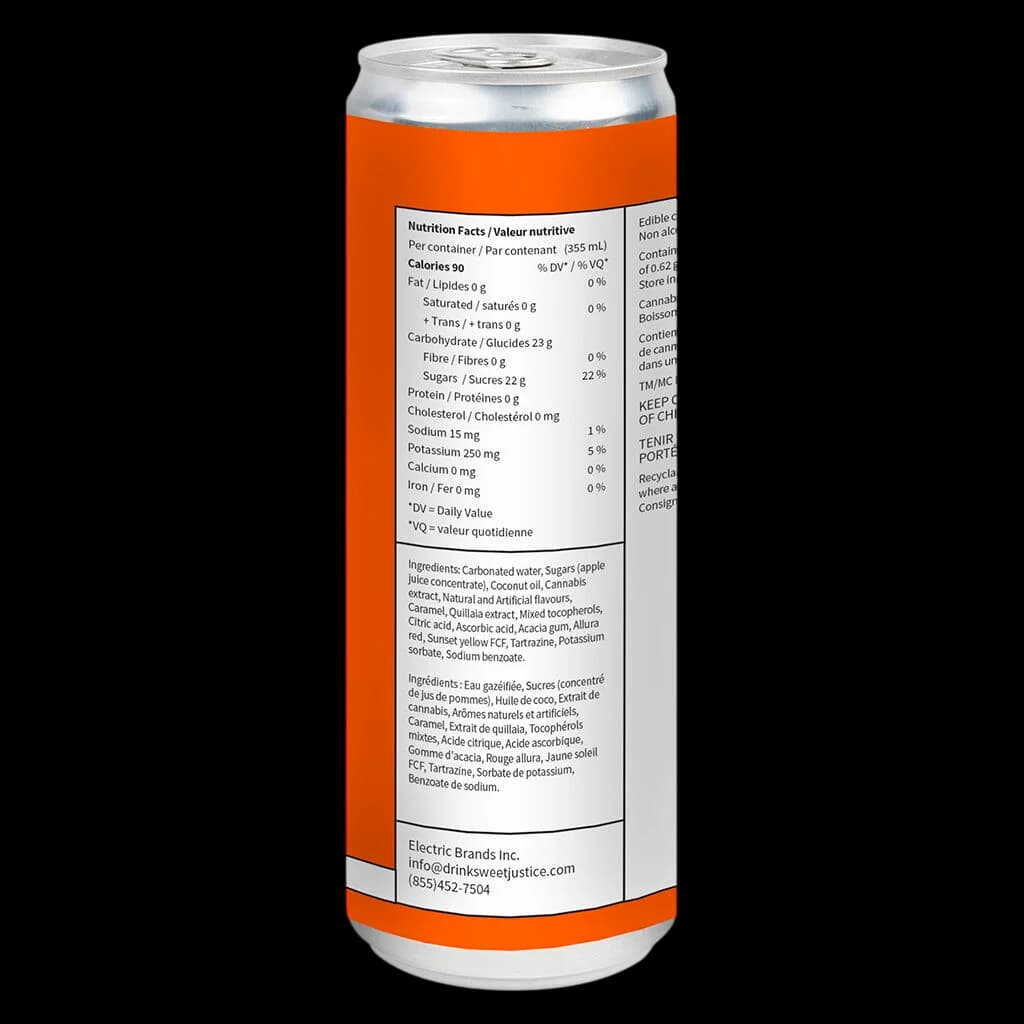 Sweet Justice Pacific Island Punch cannabis beverage, 355mL aluminum can with orange label showing nutrition facts and ingredients