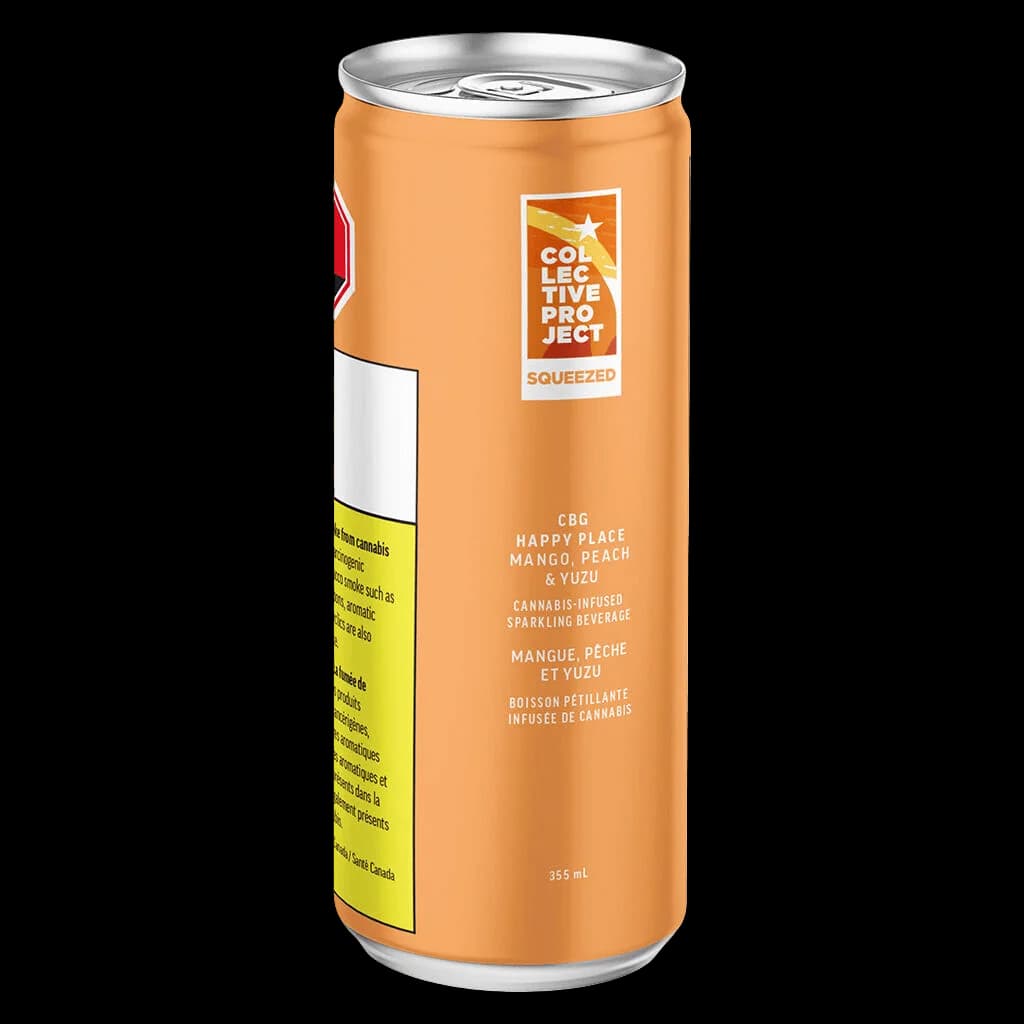 Collective Project CBG Happy Place cannabis-infused sparkling beverage, 355mL can with mango, peach and yuzu flavour