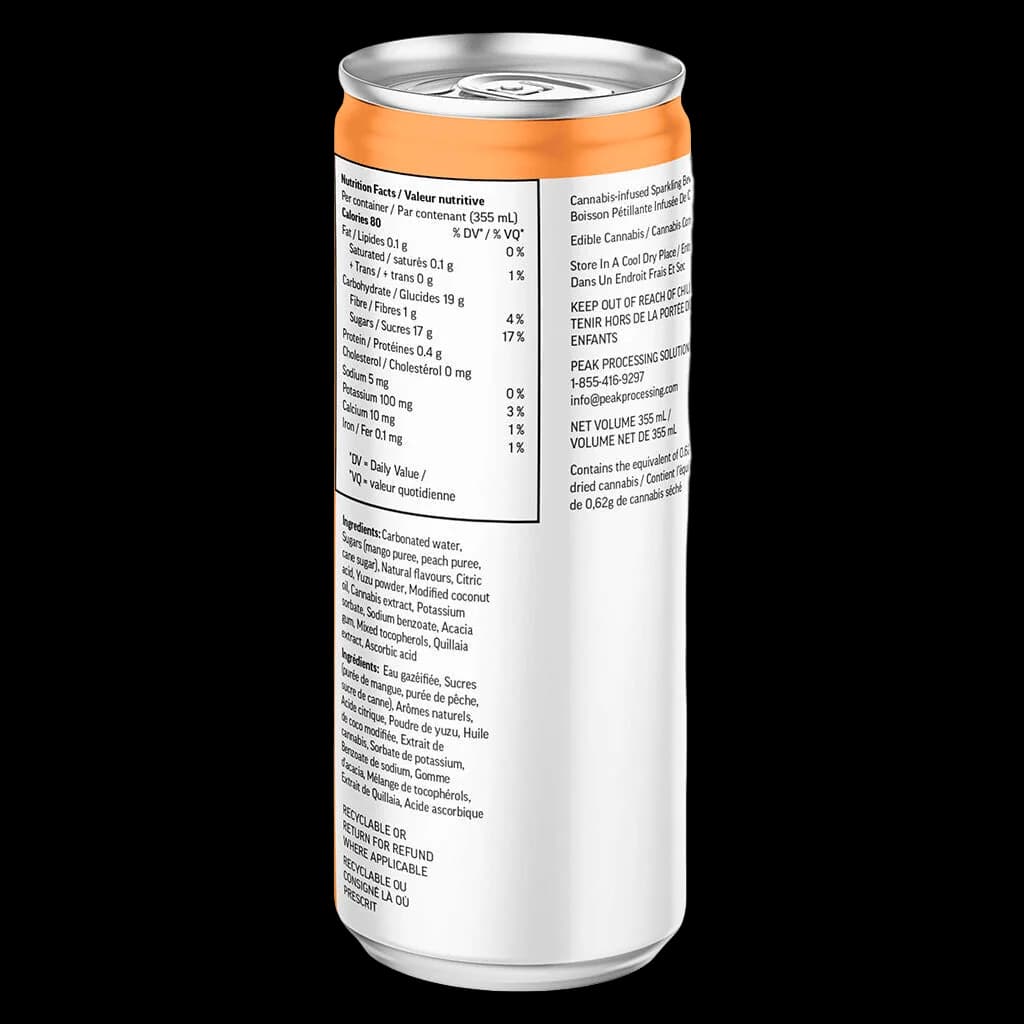 Boisson gazeuse infusée au cannabis Collective Project 2:1 CBG Happy Place, canette de 355 mL aux saveurs de mangue, pêche et yuzu, bande orange en haut.