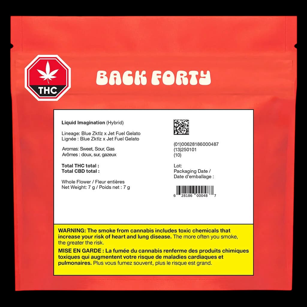 Back Forty Liquid Imagination hybrid cannabis dried flower, 7g package front with red pouch design, THC warning symbol, and Health Canada warning label