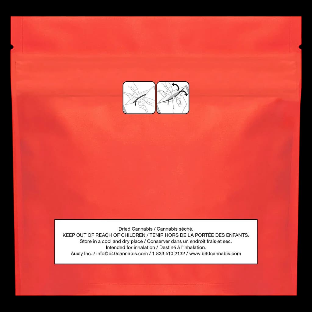 Back Forty Liquid Imagination dried cannabis flower in red resealable pouch with dual instruction icons and Health Canada warnings