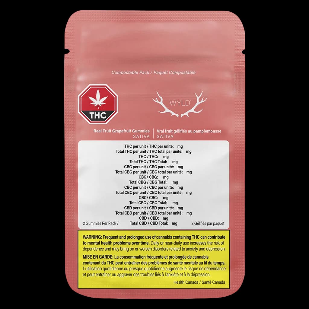 Wyld Real Fruit Grapefruit Gummies 1:1:1 THC:CBG:CBC sativa cannabis edible, pink compostable pack with red THC symbol and antler logo