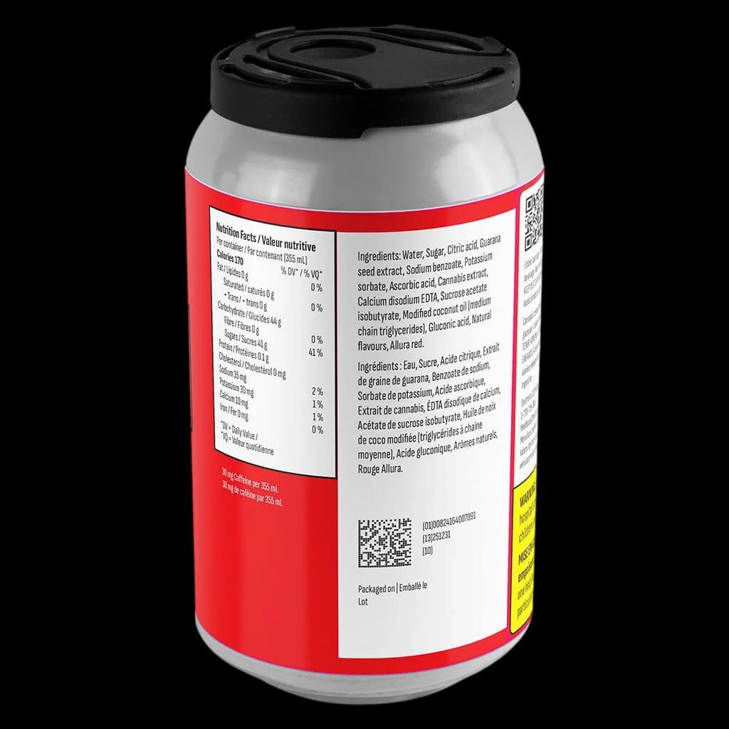 Canette de boisson au cannabis Versus Neon Rush Red Alert avec les informations nutritionnelles, les ingrédients et un code QR visibles sur l'étiquette