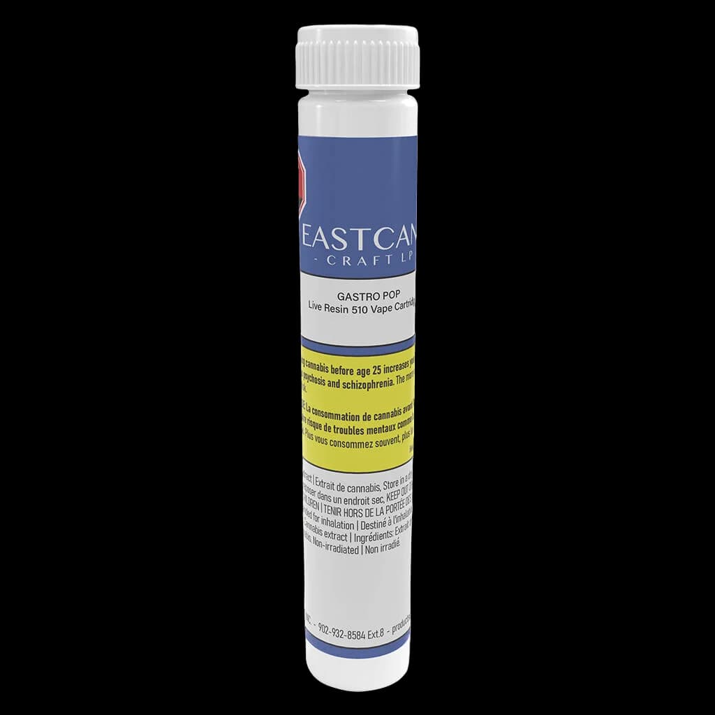 Cartouche de vapotage EastCann Gastro Pop en résine vivante 510 avec capuchon blanc et étiquette bleue, arborant une bande d'avertissement jaune de Santé Canada