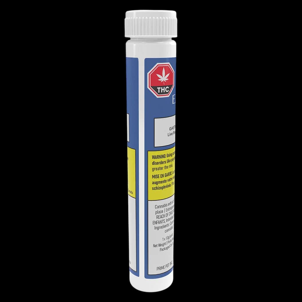 Cartouche de vapotage EastCann Gastro Pop en résine vivante à filetage 510 avec capuchon blanc, étiquette d'emballage bleue et jaune visible