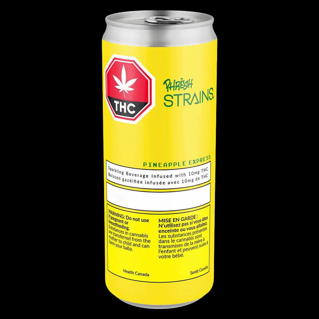 Phresh Strains Pineapple Express sparkling beverage infused with 10mg THC in a yellow aluminum can