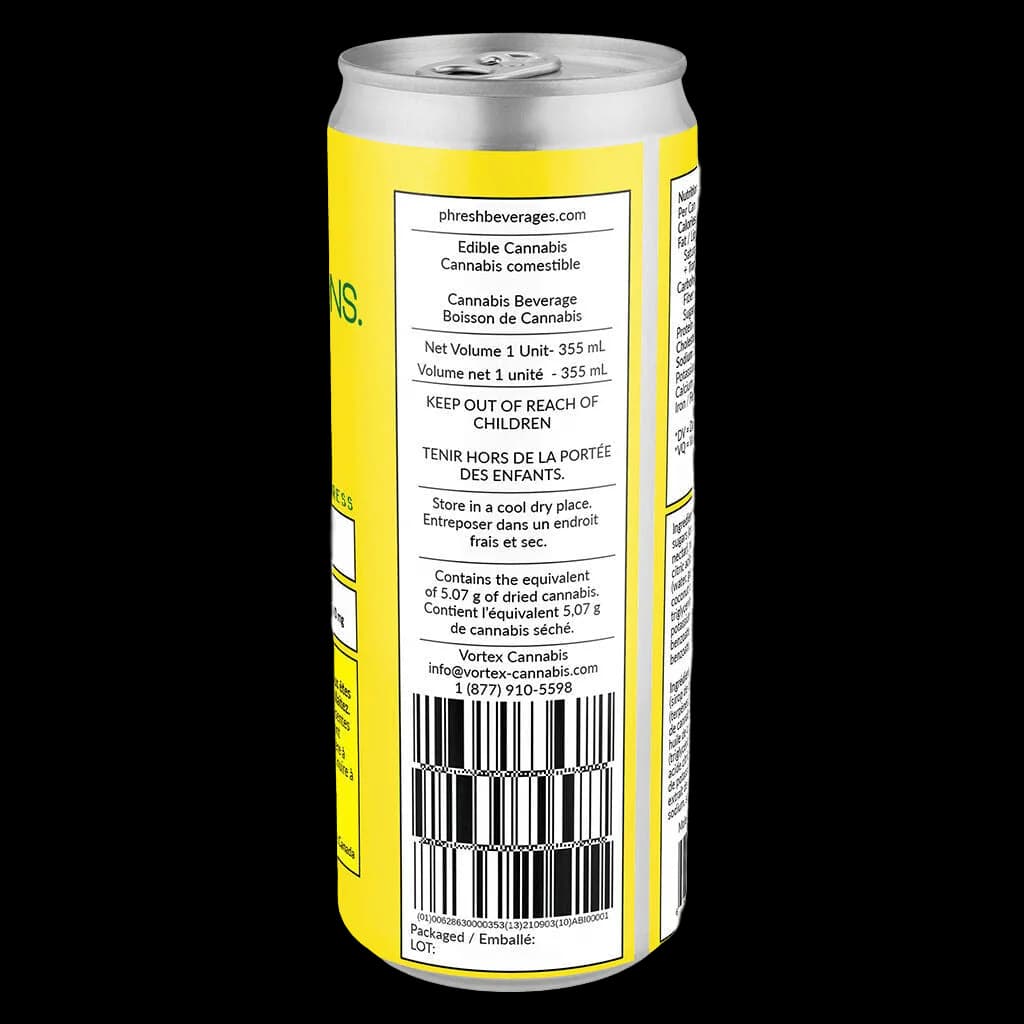 Phresh Beverages cannabis beverage 355mL can with yellow label and regulatory information visible