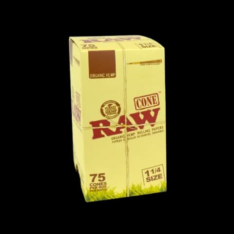 RAW Organic Hemp Cones 1 1/4 size, 75-pack box with brown window and rolling paper branding