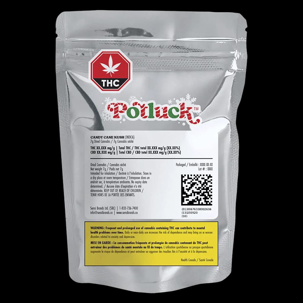 Potluck Candy Cane Kush 7g dried cannabis flower pouch with red THC warning symbol and Health Canada label