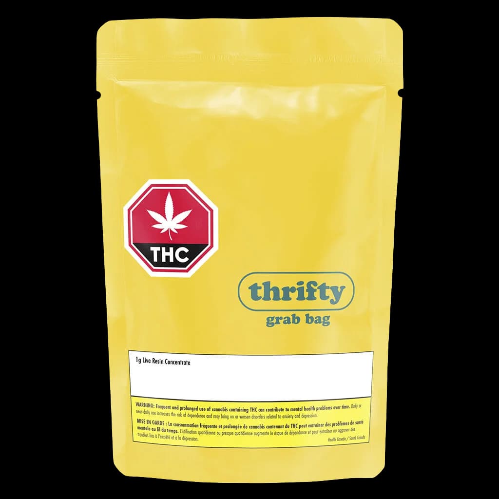Thrifty Grab Bag 1g Live Resin Concentrate in yellow pouch with red THC warning symbol