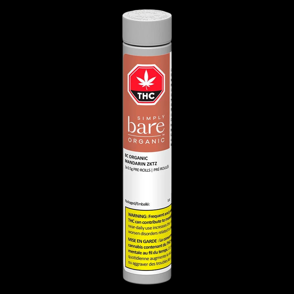 Paquet de pré-roulés Simply Bare BC Organic Mandarin Zktz, 3 joints de 0,5 g dans un tube de marque avec étiquette orange et symbole THC