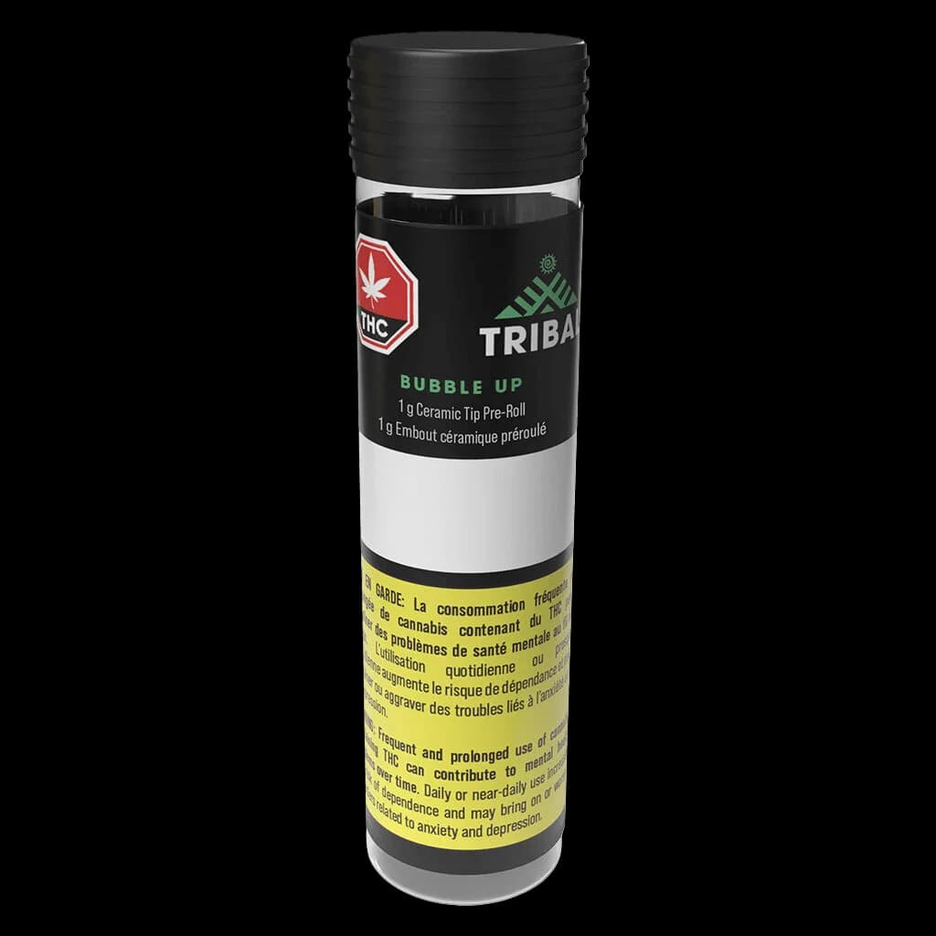 Tribal Bubble Up 1g ceramic tip pre-roll with black cap and packaging showing THC warning label