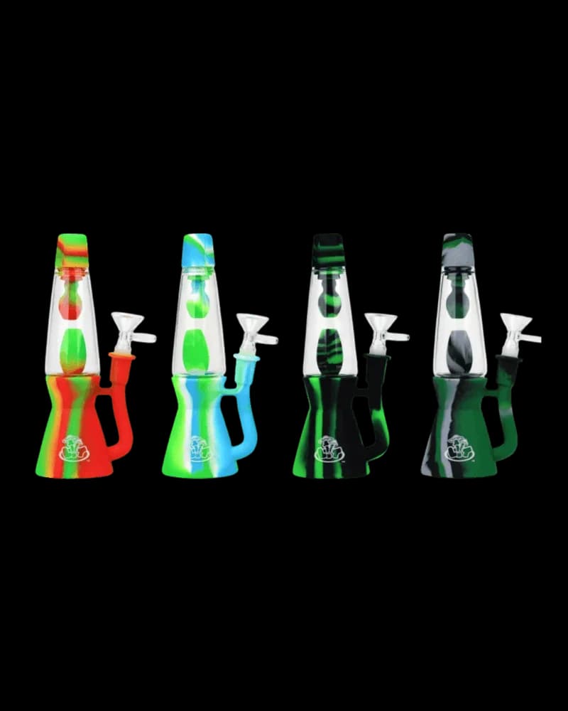 Lit Silicone lava lamp water pipe with glass pull-out bowl in four colorway options: red-green, green-blue, black-green, and gray-green