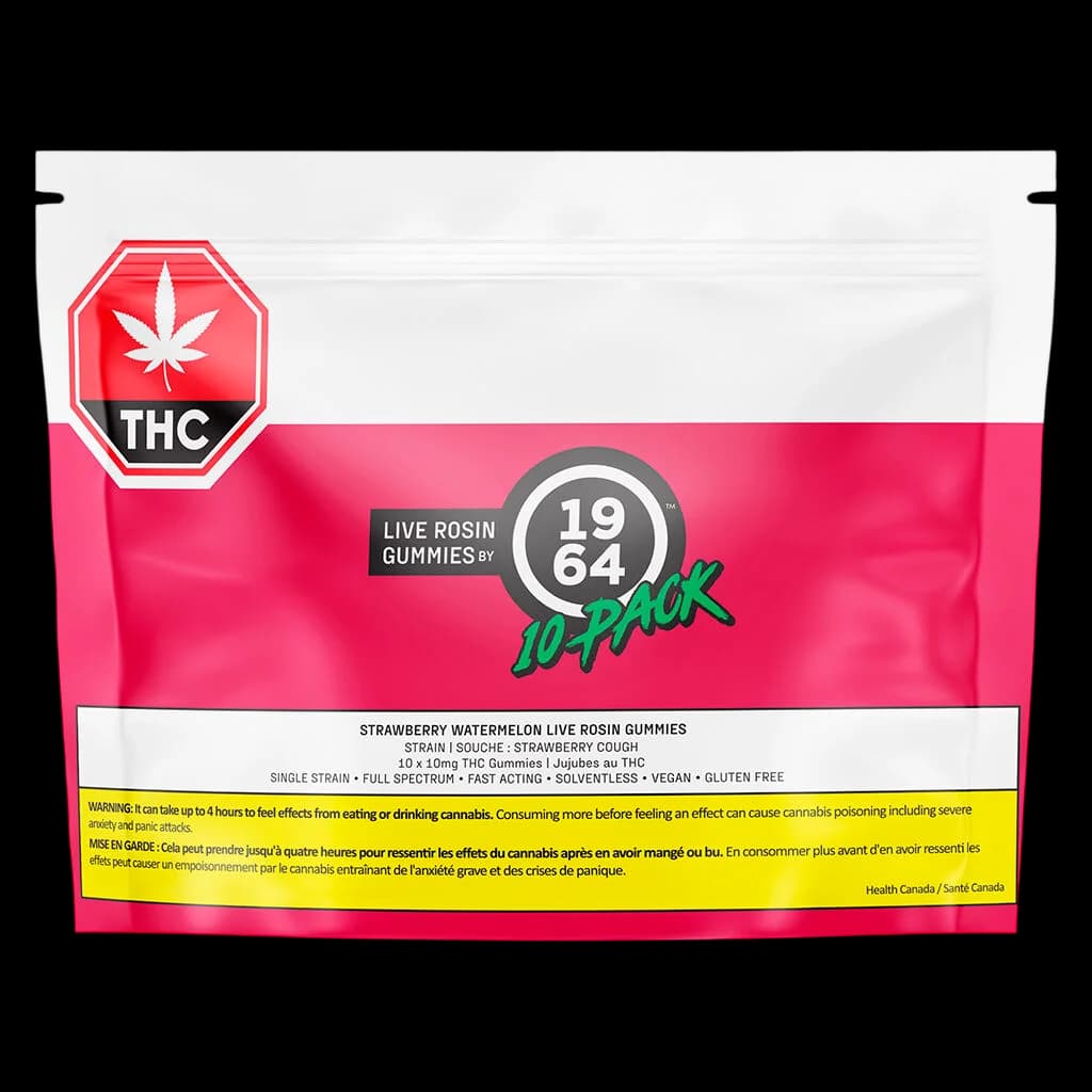 1964 Strawberry Watermelon Live Rosin Gummies 10-pack, 10mg THC each, pink packaging with Health Canada warning label